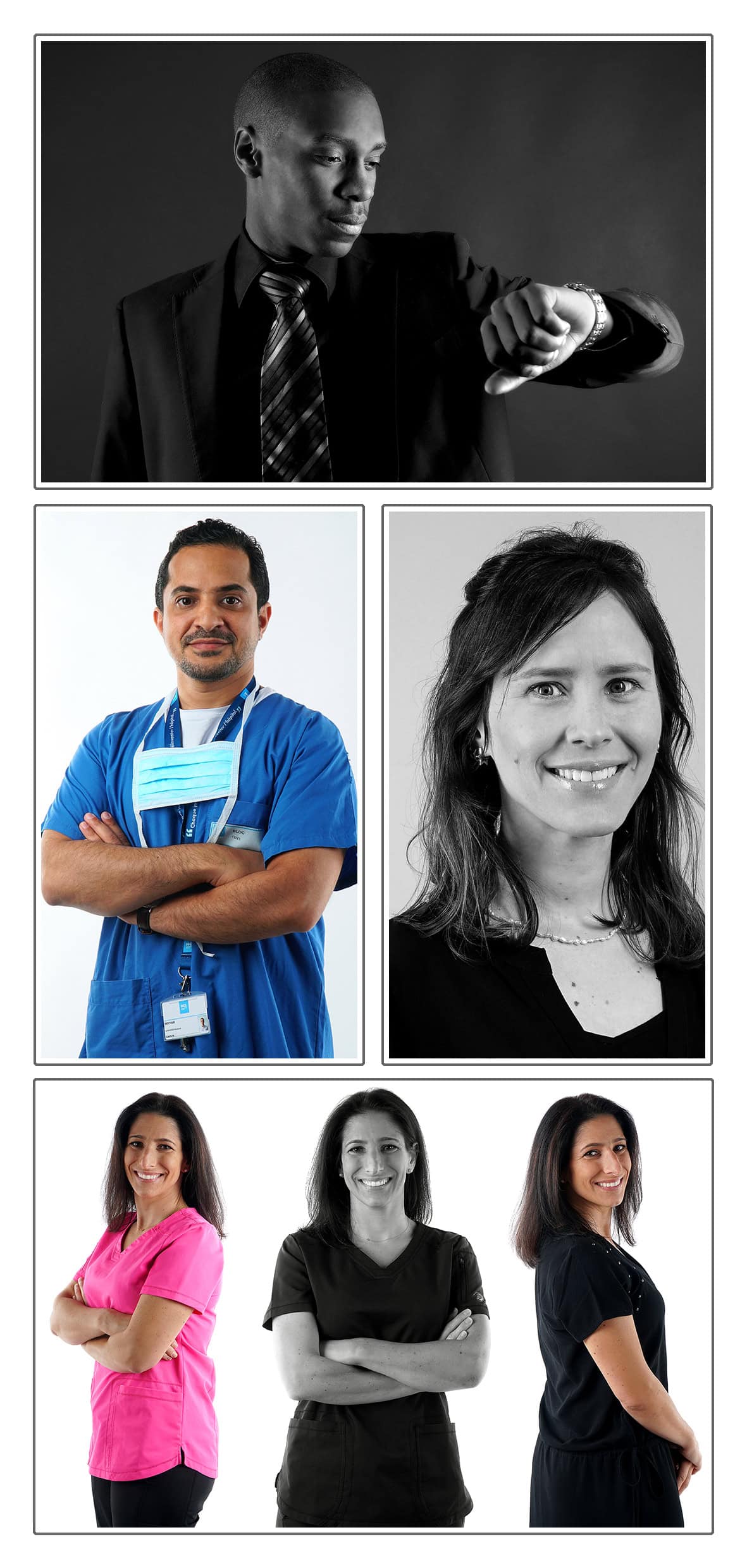 Portraits professionnels à Lyon réalisés par un photographe portrait corporate : dirigeant, médecin, infirmière, collaboratrice en entreprise.