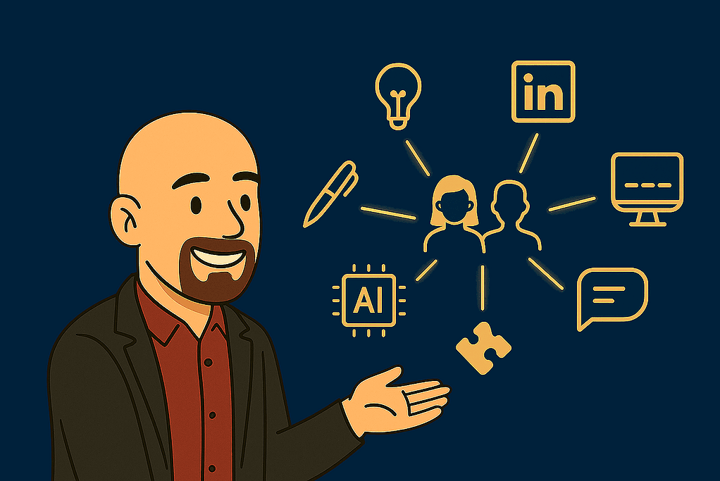 Illustration d’un consultant présentant une cartographie composée d’icônes reliées (idée, IA, rédaction, réseaux, communication, puzzle), centrée sur deux silhouettes représentant l’identité professionnelle.